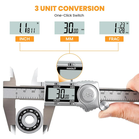 Digital Caliper 6 Inch All Metal IP54 Rated Tough As Nails With ABS Auto Off Inch mm Fraction Readout showing 3 unit conversion