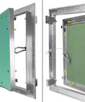 Solid Build 12X12 Inch Drywall Access Panel With Tough Aluminum Frame and Easy Click Finish showing hinge details for plumbing and HVAC access.