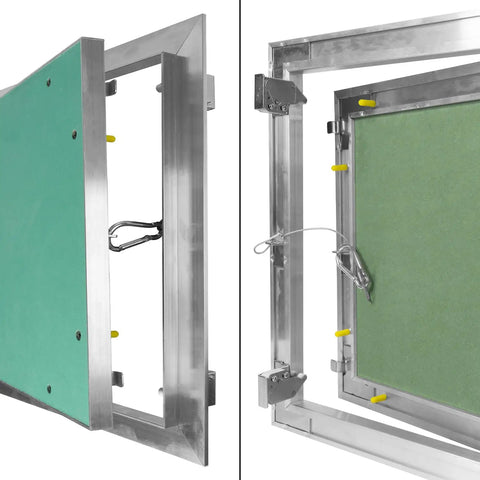 Solid Build 12X12 Inch Drywall Access Panel With Tough Aluminum Frame and Easy Click Finish showing hinge details for plumbing and HVAC access.