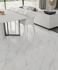 Living room with 12x12 Inch Vinyl Floor Tiles Peel And Stick White Marble Waterproof Self Adhesive Sticker Tiles 24 Pack installed