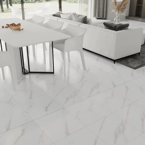 Living room with 12x12 Inch Vinyl Floor Tiles Peel And Stick White Marble Waterproof Self Adhesive Sticker Tiles 24 Pack installed