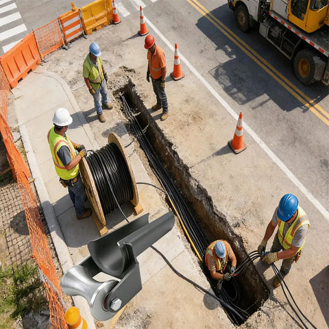 Pro Grade Heavy Duty Cable Puller Sheave for Smooth Cable Feeding Into 3-Inch Conduit in use at construction site