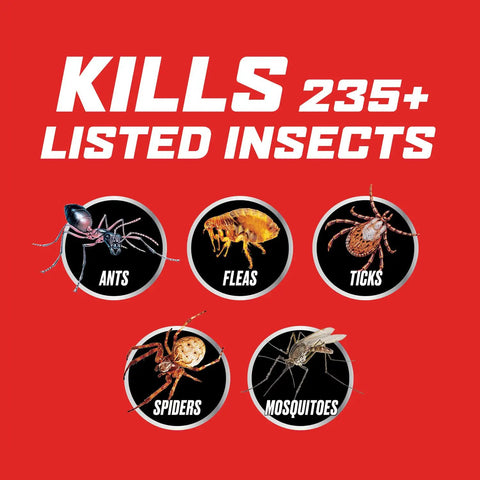 Image showing text 'Kills 235+ Listed Insects' with icons of ants, fleas, ticks, spiders, and mosquitoes