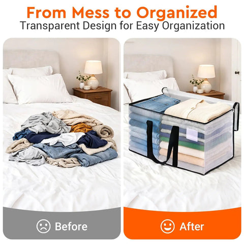 Heavy Duty Moving Totes 8 Pack 93L Extra Large Storage Bags With Zipper Reinforced Handles holding folded clothes on bed