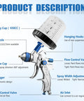 Pro Grade HVLP Spray Gun Kit With Six Hundred Fifty Ml Mixing Jar showing spray cup, nozzle, flow cap, and trigger controls.