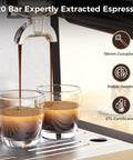 Next Level Espresso Machine With Built In Grinder And Automatic Milk Frother Compact Countertop brewing 20 Bar espresso into two glasses.