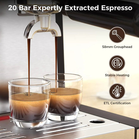 Next Level Espresso Machine With Built In Grinder And Automatic Milk Frother Compact Countertop brewing 20 Bar espresso into two glasses.