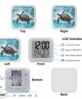 Super Chill Digital Cube Alarm Clock With Quiet Sweep Motion Dreamy Ocean Turtle Graphic Retro Stamp Accents Blue Desktop Display features top, front, left, right, bottom, and back views.