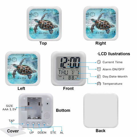 Super Chill Digital Cube Alarm Clock With Quiet Sweep Motion Dreamy Ocean Turtle Graphic Retro Stamp Accents Blue Desktop Display features top, front, left, right, bottom, and back views.
