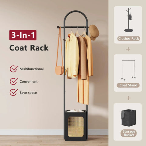 Coat Rack Stand With Wooden Base And Rattan Design Three In One Clothes Organizer With Six Hooks Small Rack For Living Room Bedroom Or Office Black Space Saver For Entryways And Small Spaces