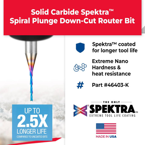 Solid Carbide Spektra Spiral Plunge Router Bit Down Cut For Precision Plunges Built Tough With Extreme Tool Life 2 Inch Length