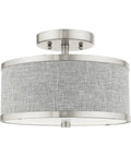 Two Light Brushed Nickel Semi Flush Ceiling Light With Gray Fabric Hardback Shade 11x11x8 Inches Requires 2 40W Bulbs