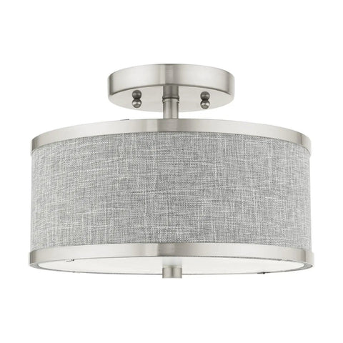 Two Light Brushed Nickel Semi Flush Ceiling Light With Gray Fabric Hardback Shade 11x11x8 Inches Requires 2 40W Bulbs
