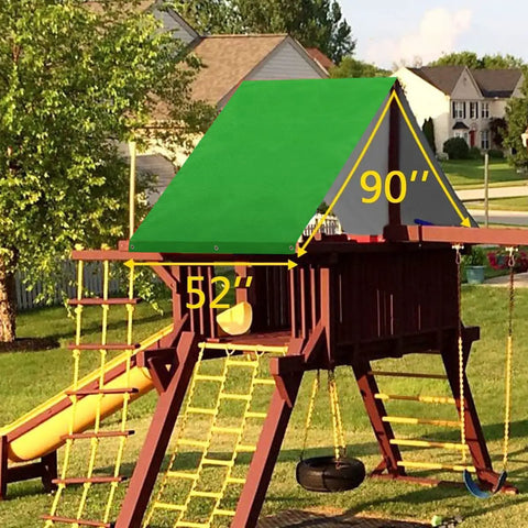 52 By 90 Inch Swing Set Replacement Tarp For Outdoor Play Sets on top of a wooden structure in backyard.
