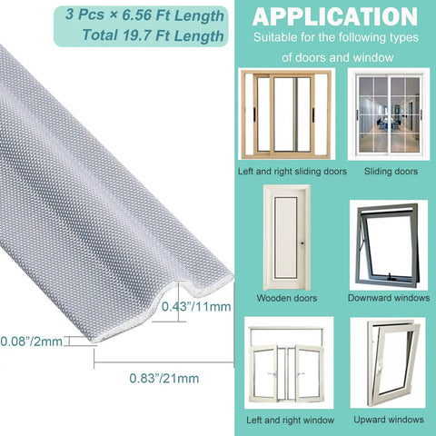 Three Pack Door Draft Stopper Sweep Set With Self Adhesive Weather Stripping And Window Seal Cuttable, diagram showing applications.