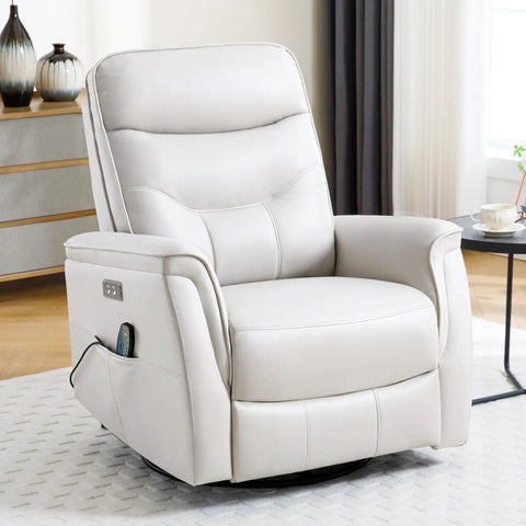 Power Adjustable Faux Leather Recliner Chair For Adults With Massage And Heat, Oversized Rocker And Swivel Recliner, Beige in living room