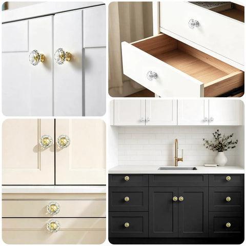 16 Pack Slick Crystal Cabinet Knobs With 30mm Diamond Glass Pull Handles And Polished Gold Base, Clear Dresser Knobs displayed on cabinets.