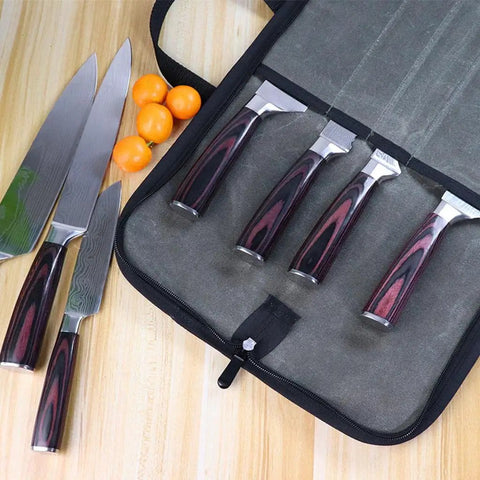 Chef Knife Roll Bag With Canvas Design Adjustable Shoulder Strap And Multiple Knife Slots displaying knives on table