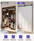 Before and after install of Bifold Barn Door Hardware Kit For 76 Inch Closet Doors, 80 Inch Track System, showing space-saving solution.