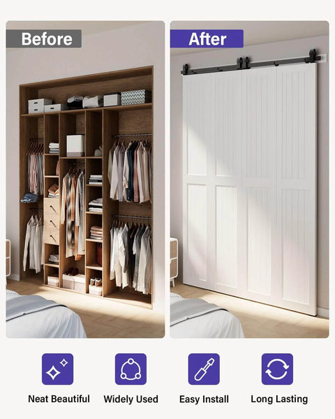Before and after install of Bifold Barn Door Hardware Kit For 76 Inch Closet Doors, 80 Inch Track System, showing space-saving solution.