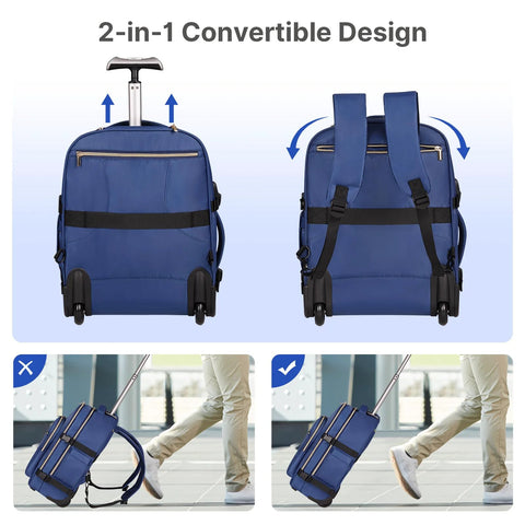 Dark blue rolling backpack with wheels and retractable handle for a 17-inch laptop (front and back views).