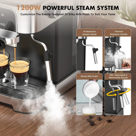 Compact Stainless Steel Espresso Machine With 20 Bar Pump And Built In Milk Frother For Creating Legit Barista Quality Lattes And Cappuccinos Right In Your Kitchen Using A Sleek Touch Display Black Edition with steam nozzle and two espresso shots.