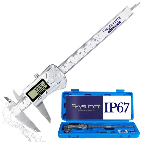 IP67 Waterproof Electronic Vernier Digital Caliper Measuring Tool Stainless Steel 0 To 6 Inch 150mm With Large LCD Screen Absolute Origin And Ultra Precise Performance For Tough Jobs in protective blue case.