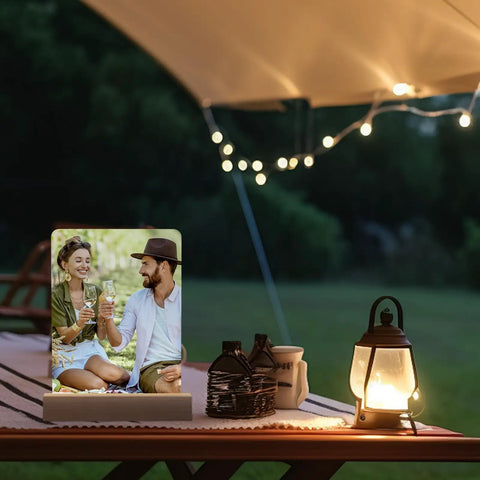 5 By 7 Inch Sublimation Ready Heart Shape LED Acrylic Photo Frames Set With Four Acrylic Panels And Two Wood Stands at cozy night setup