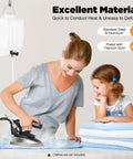 Workhorse 110V Industrial Handheld Steam Iron Packing 1200W Gravity Feed being used by a woman with child nearby, ironing shirts.