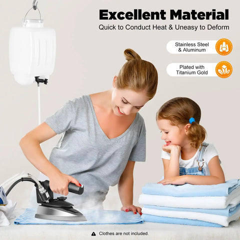 Mother using Ridiculously Reliable Heavy Duty 1200W Industrial Gravity Feed Steam Iron With 3L Hanging Tank And Titanium Soleplate for ironing fabrics.