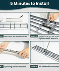 Installation steps for Lawn Leveling Rake 30x10 Inch with stainless steel handle, showing parts assembly process.