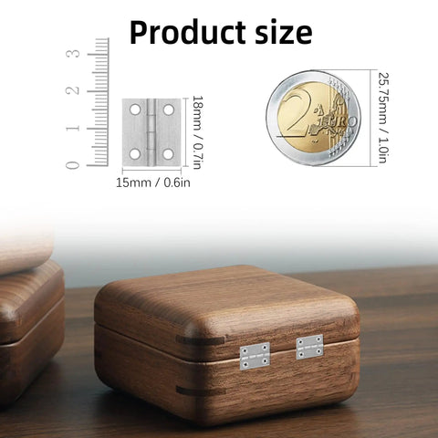 Fifty Piece Mini Bronze Butt Hinges With Two Hundred Matching Screws Top Shelf Gear For Diy Crafts Jewelry Boxes Wooden Cases And Dollhouse Builds Heavy Duty Hardware That Truly Holds Tight showing product sizes with a wooden box.