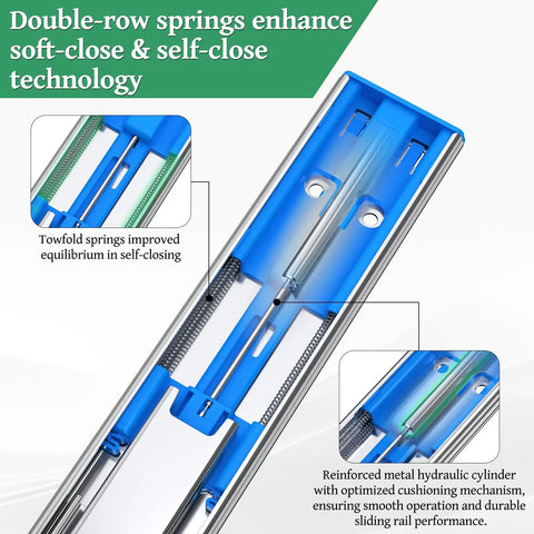 Five Pairs 22 Inch Soft Close Full Extension Ball Bearing Drawer Slides With Rear Bracket For Face Frame And Frameless Cabinets Built To Last Heavy Duty 100 Lbs Fits 12 14 16 18 22 24 Inch, close-up of soft-close spring mechanism