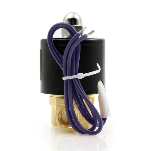 Front view of brass 1/4in electric solenoid valve with black coil and purple wires