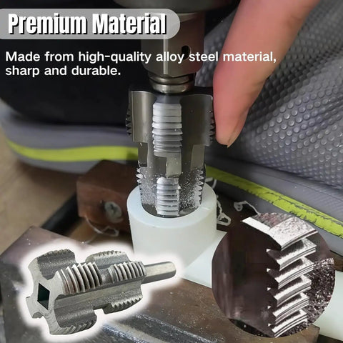 Drill Powered PVC Pipe Threader Kit With Three Dies Tap Die Set One Half Inch One Quarter Inch One Inch For Electric Drills in use on PVC