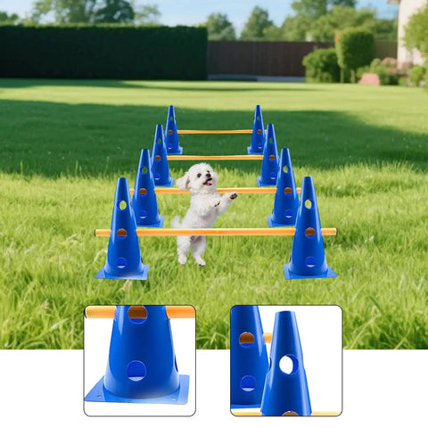Dog Agility Hurdle Cone Set With Poles For Training And Fitness Durable PVC Outdoor Kit in yard with small dog jumping