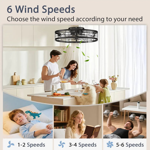 Premium Caged Ceiling Fan And Light With Remote Flush Mount Farmhouse Style Bladeless Design For Kitchen Bedroom in use, showing 6 wind speeds.