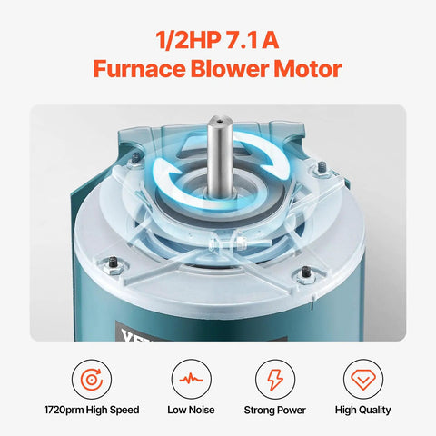 Close-up of half horsepower furnace blower motor with belt drive, showing 0.5 inch shaft for HVAC systems installation.