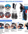 Image showing Cordless Mini Angle Grinder Kit With Dual 12V Batteries, Four Saw Blades, And 19500 RPM, tool components labeled.