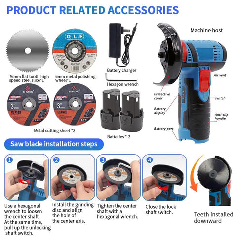 Image showing Cordless Mini Angle Grinder Kit With Dual 12V Batteries, Four Saw Blades, And 19500 RPM, tool components labeled.