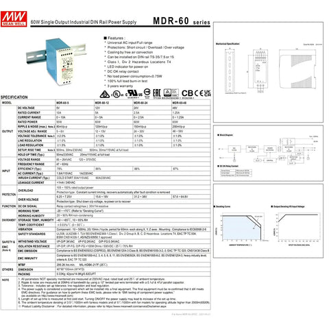 Straight Up Heavy Duty AC DC Din Rail Power Supply 60 Watt 24 Volt technical specifications and features sheet.