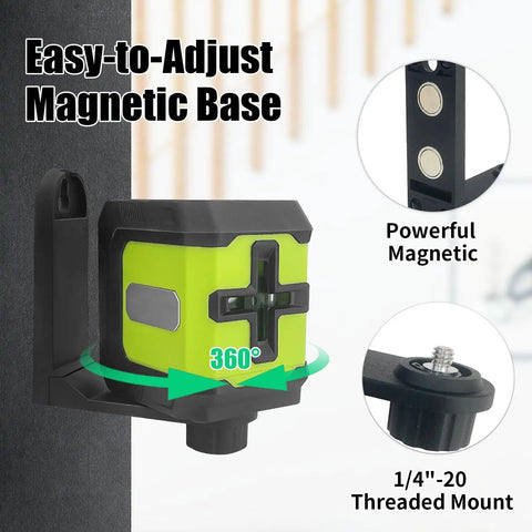 Pro Grade Green Cross Line Laser Level With Tripod, Self Leveling 100 Ft Range, 360 Degree Swivel Base For Construction And Leveling Projects, Batteries And Carry Bag Included. magnetic base with 1/4-20 threaded mount