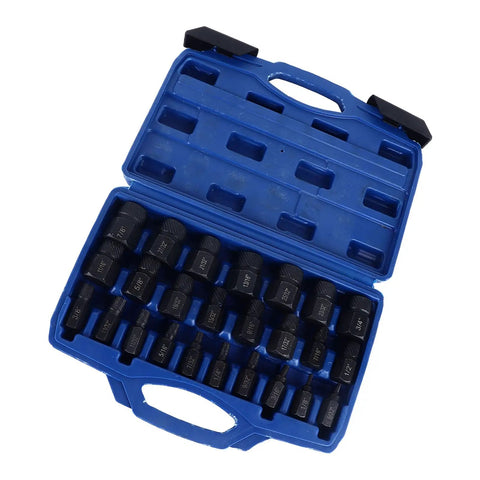 25 Piece Screw Extractor Set With Alloy Steel Remover Tools For Damaged Hex Head And Stripped Screws Quick Grip Broken Screw Removal Kit in open blue case