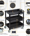 Multi Use Utility Cart With Three Deep Shelves Heavy Duty Service Cart Industrial Grade Tool Organizer Rolling Mobile Cart Holds Up To 500 Lbs