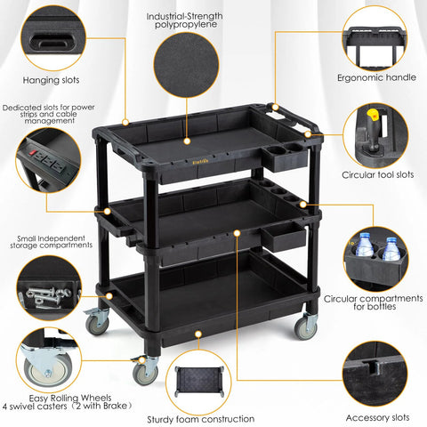 Multi Use Utility Cart With Three Deep Shelves Heavy Duty Service Cart Industrial Grade Tool Organizer Rolling Mobile Cart Holds Up To 500 Lbs