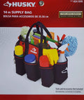 Heavy Duty 14 Inch Supply Bag With Rugged Construction And Water Resistant Exterior, filled with cleaning supplies