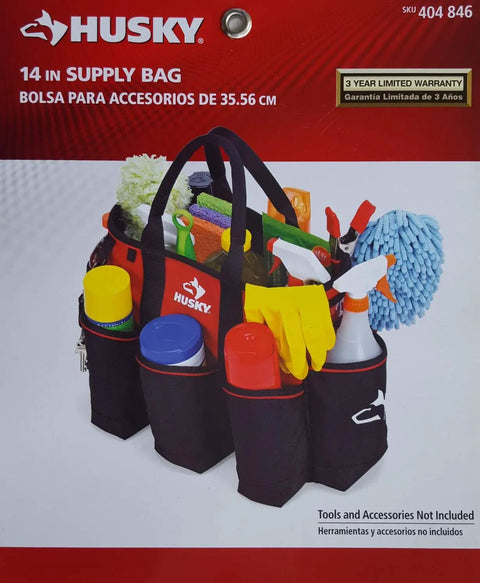 Heavy Duty 14 Inch Supply Bag With Rugged Construction And Water Resistant Exterior, filled with cleaning supplies