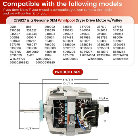 Diagram showing Dryer Drive Motor With Pulley Upgrade Blower Shaft Length Drop In Replacement For Maytag KitchenAid Kenmore Whirlpool models.