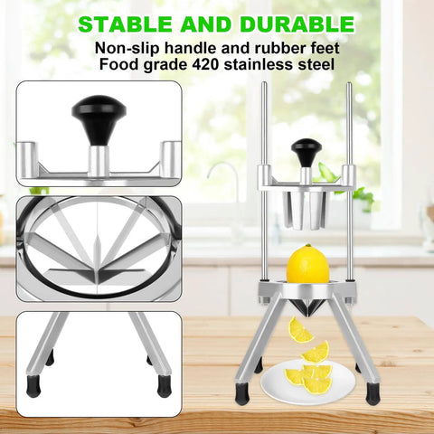 8 Section Citrus Cutter With V Shaped 420 Stainless Steel Blades Heavy Duty Lemon Slicer on kitchen counter.