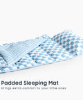 All In One Toddler Nap Mat With Pillow And Minky Fleece Blanket, Blue White Gingham Grid Checkered Design, Roll Up Sleeping Bag